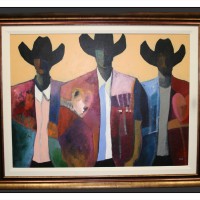 Original painting of 3 cowboys on canvas and custom framed with a linen liner and gold frame with a deep profile.