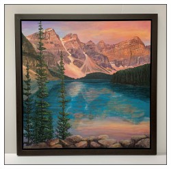 Lake and mountain painting on canvas, timeless canvas framing, floater frame