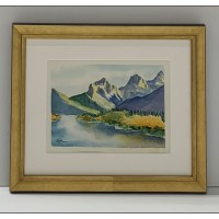 Original watercolour of mountains, framed a neutral wide mat and an antique gold frame