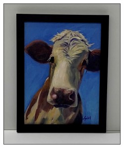 Black picture frame, cow painting, original art, custom framing painting