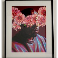 Colourful artwork framed with Crescent matboard, narrow dark frame