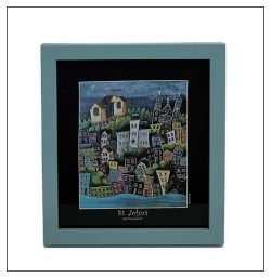 Framed art, St. John's city folk art, black mat, coloured frame