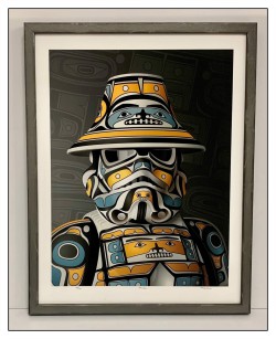 Artwork by Andy Everson, Indigenized Art, Storm Trooper, pewter custom framing