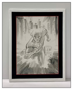 Superhero artwork, white frame black mat, action drawing framing
