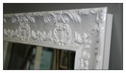 White ornate custom framed mirror, detail, precision corner joint, old world detail with modern gloss finish