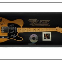 Custom framed ZZ Top guitar, logo CD and album cover